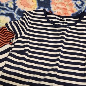 Old Navy Tshirt dress. Navy white stripe with orange stripes at bottom.
